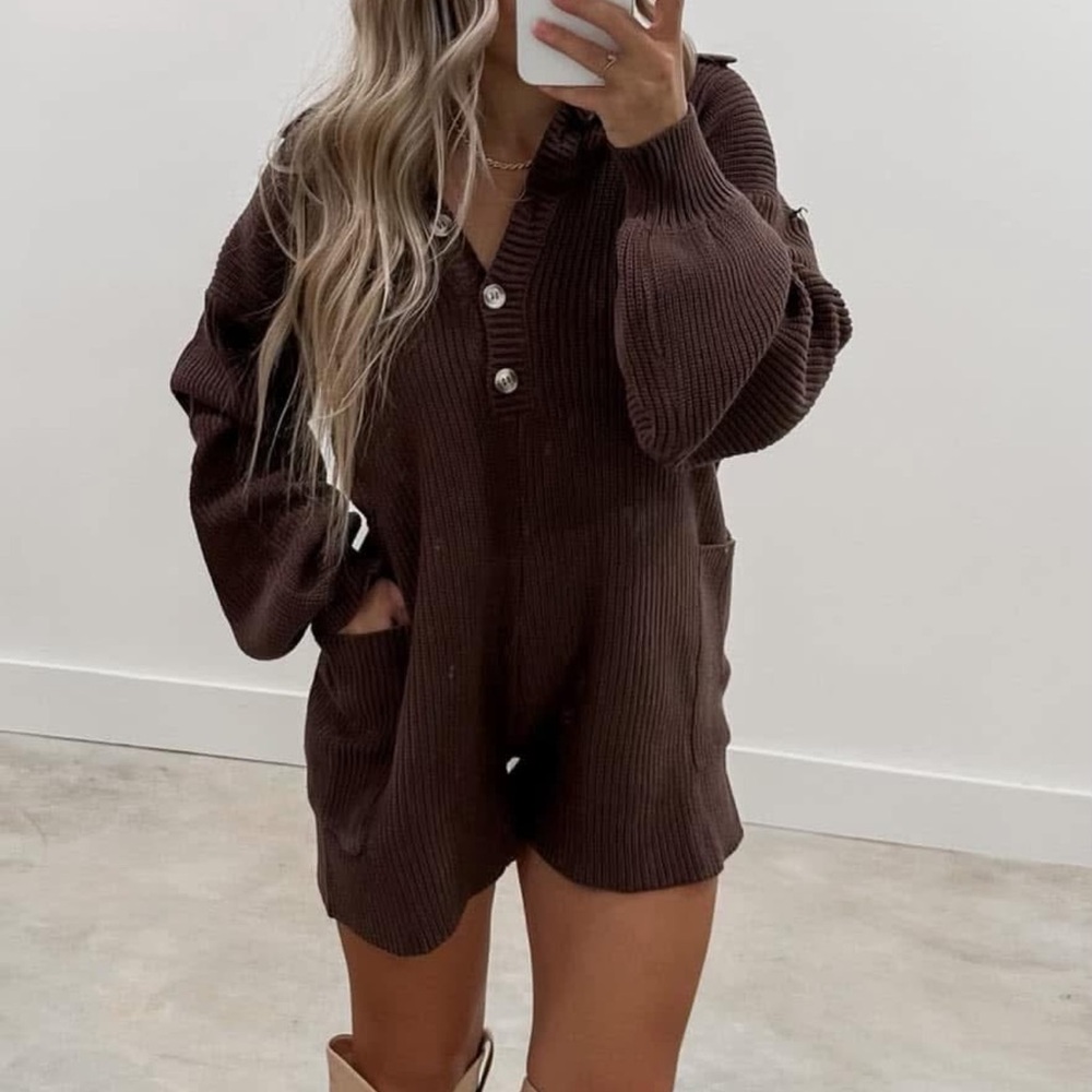 Ribbed Chocolate Brown Knit Romper - Women